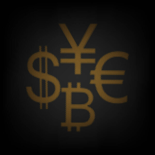 Коллекционный доллар, евро, биткойн, иена. Икона в виде сетки из маленькой оранжевой лампочки в темноте
.