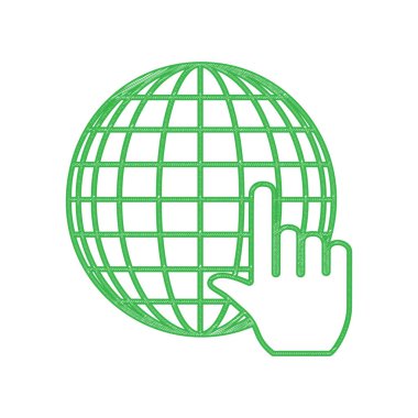 İmleci olan Dünya Küresi. Beyaz arkaplan üzerine katı konturlu yeşil karalama Simgesi.