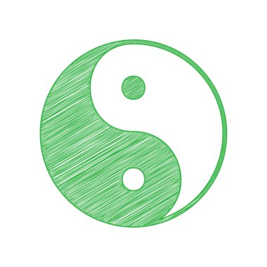 Ying yang uyum ve dengenin sembolü. Beyaz arkaplan üzerine katı konturlu yeşil karalama Simgesi.
