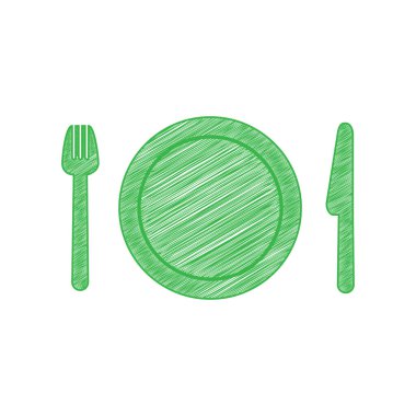 Çatal, tabak ve bıçak. Beyaz arkaplan üzerine katı konturlu yeşil karalama Simgesi.