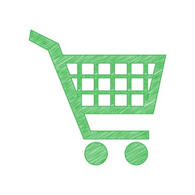 Alışveriş arabası tabelası. Beyaz arkaplan üzerine katı konturlu yeşil karalama Simgesi.