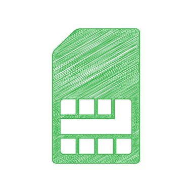 Sim kart işareti. Beyaz arkaplan üzerine katı konturlu yeşil karalama Simgesi.