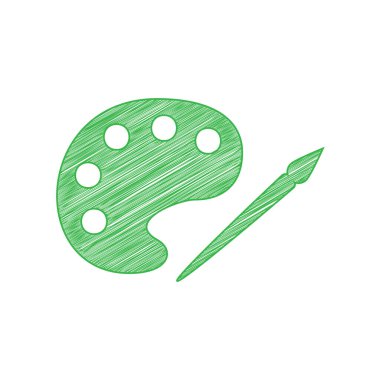 Palet ve boya fırçası işareti. Beyaz arkaplan üzerine katı konturlu yeşil karalama Simgesi.