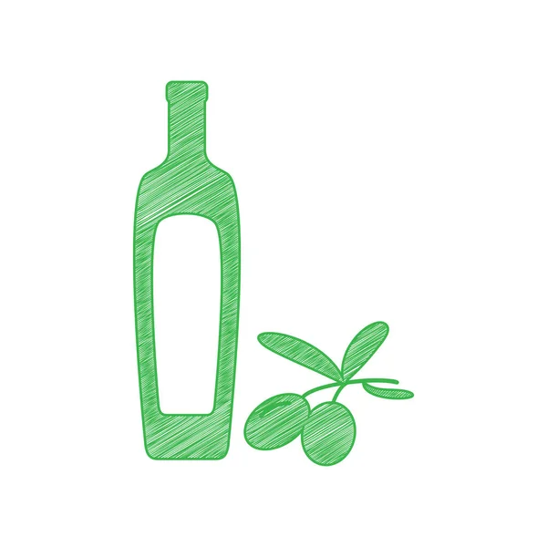 Schwarzer Olivenzweig Mit Olivenölflaschenschild Grünes Kritzelsymbol Mit Fester Kontur Auf — Stockvektor