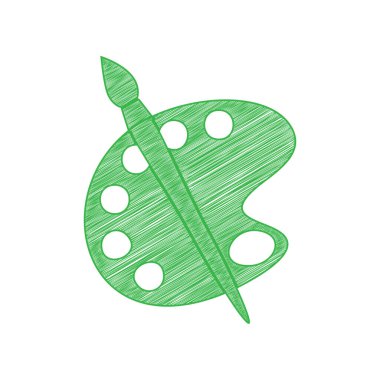 Palet ve fırça işareti. Beyaz arkaplan üzerine katı konturlu yeşil karalama Simgesi.