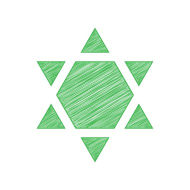 Kalkan Magen David Yıldız Ters. İsrail 'in sembolü ters çevrildi. Beyaz arkaplan üzerine katı konturlu yeşil karalama Simgesi.