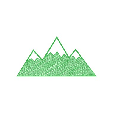 Dağ işareti çizimi. Beyaz arkaplan üzerine katı konturlu yeşil karalama Simgesi.