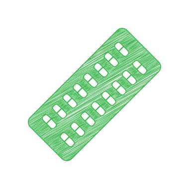 Tıbbi haplar. Beyaz arkaplan üzerine katı konturlu yeşil karalama Simgesi.