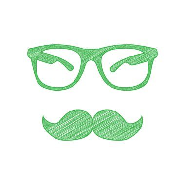 Bıyık ve gözlük işareti. Beyaz arkaplan üzerine katı konturlu yeşil karalama Simgesi.