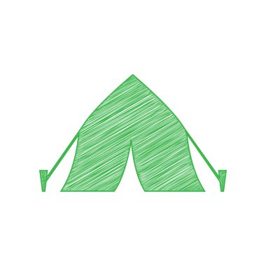 Turist çadırı işareti. Beyaz arkaplan üzerine katı konturlu yeşil karalama Simgesi.