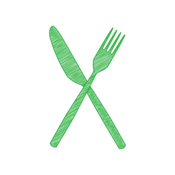 Señal Tenedor Cuchillo Icono Garabato Verde Con Contorno Sólido Sobre — Vector de stock