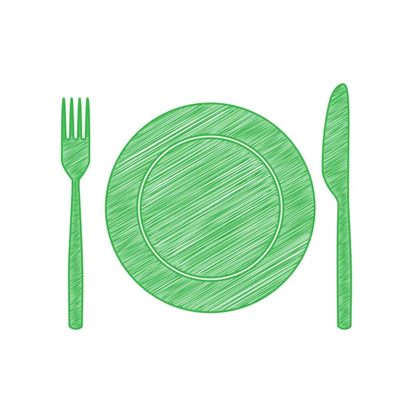Semn Furculiţă Cuţit Farfurie Green Scribble Icon Contur Solid Fundal — Vector de stoc