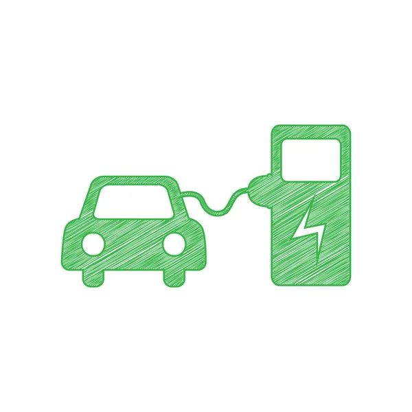 Cartel Carga Batería Coche Eléctrico Icono Garabato Verde Con Contorno — Vector de stock