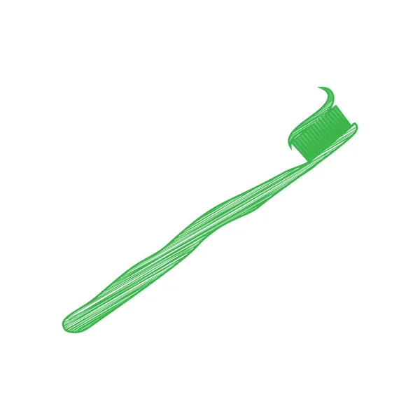 歯磨き粉部分を塗布した歯ブラシ 白い背景にしっかりとした輪郭を持つ緑のスクリブルアイコン — ストックベクタ