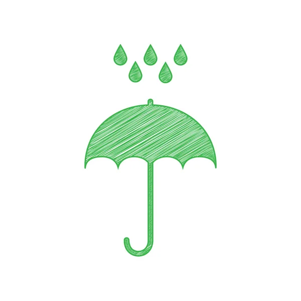 Umbrella Water Drops Green Scribble Icon Solid Contour White Background — Stock Vector