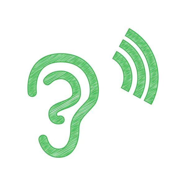 人体解剖学 有声波的耳朵标志 白色背景上有实心轮廓的绿色笔形图标 — 图库矢量图片
