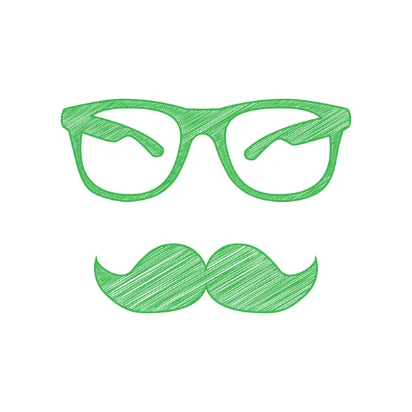 Schnurrbart Und Brille Signieren Grünes Kritzelsymbol Mit Fester Kontur Auf — Stockvektor