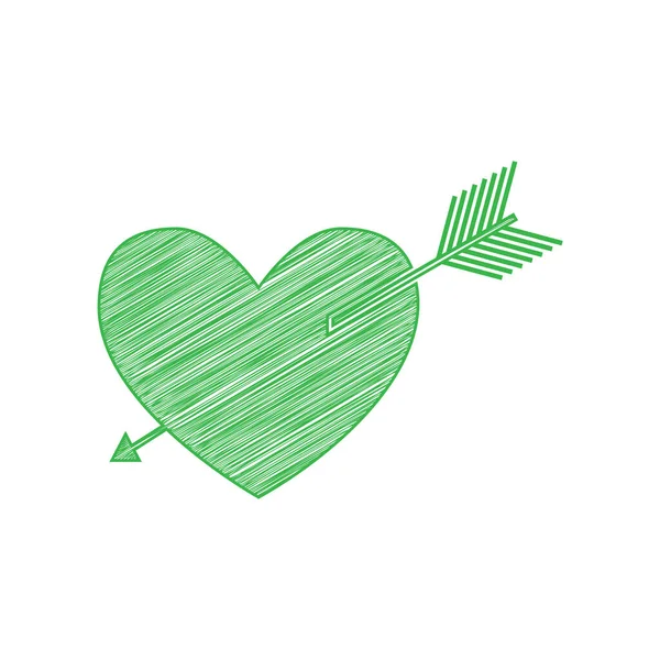 Arrow Heart Sign Green Scribble Icon Solid Contour White Background — Stock Vector