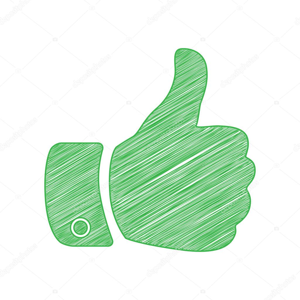 Hand sign illustration. Green scribble Icon with solid contour on white background.