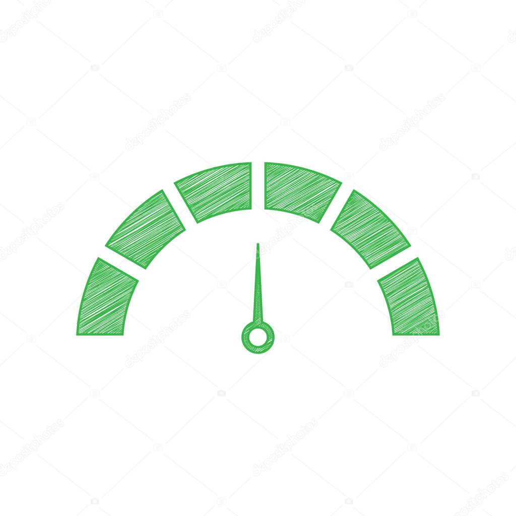 Speedometer sign illustration. Green scribble Icon with solid contour on white background.