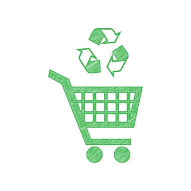 Geri dönüşüm işaretli bir alışveriş arabası ikonu. Beyaz arkaplan üzerine katı konturlu yeşil karalama Simgesi.