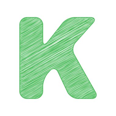 K harfi tasarım şablonu ögesi. Beyaz arkaplan üzerine katı konturlu yeşil karalama Simgesi.