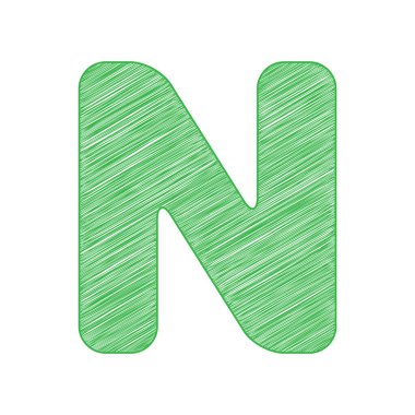 N harfi tasarım şablonu ögesi. Beyaz arkaplan üzerine katı konturlu yeşil karalama Simgesi.