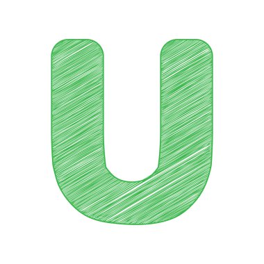 U harfi tasarım şablonu elemanı. Beyaz arkaplan üzerine katı konturlu yeşil karalama Simgesi.