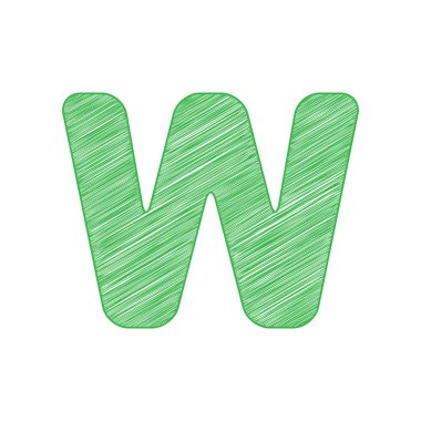 W harfi tasarım şablonu ögesi. Beyaz arkaplan üzerine katı konturlu yeşil karalama Simgesi.