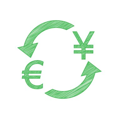 Döviz kurları tabelası. Euro ve Japan Yen. Beyaz arkaplan üzerine katı konturlu yeşil karalama Simgesi.