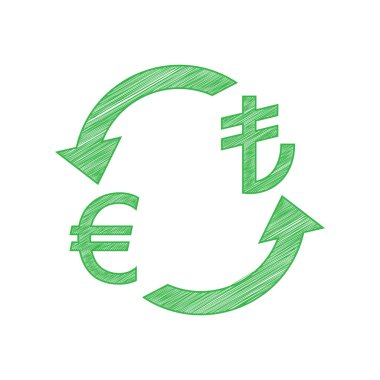 Döviz kurları tabelası. Euro ve Turkey Lira. Beyaz arkaplan üzerine katı konturlu yeşil karalama Simgesi.