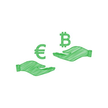 Elden ele para değişimi. Euro ve Bitcoin. Beyaz arkaplan üzerine katı konturlu yeşil karalama Simgesi.