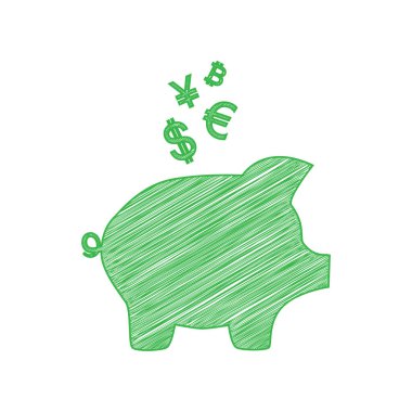 Para birimleriyle domuz kumbarası imzası. Beyaz arkaplan üzerine katı konturlu yeşil karalama Simgesi.