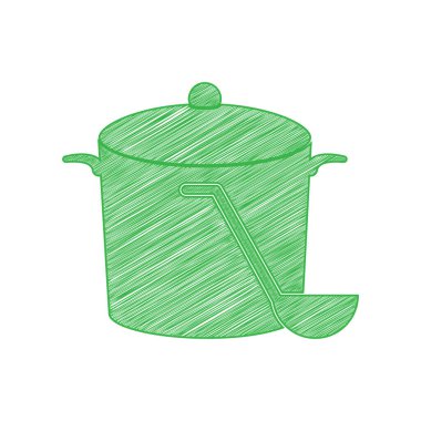 Buharlı tava. Beyaz arkaplan üzerine katı konturlu yeşil karalama Simgesi.