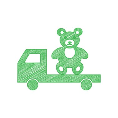 Ayı dolu bir kamyon. Beyaz arkaplan üzerine katı konturlu yeşil karalama Simgesi.