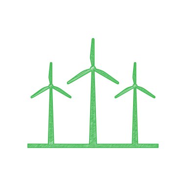 Rüzgar türbinleri işareti. Beyaz arkaplan üzerine katı konturlu yeşil karalama Simgesi.