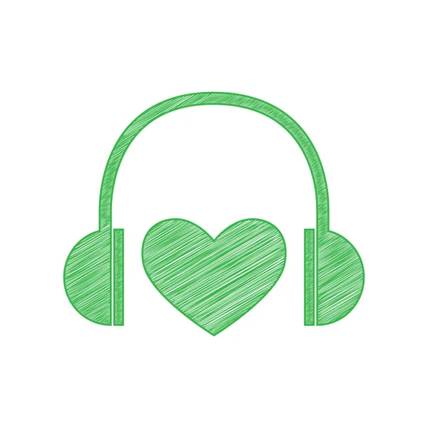 心臓が付いているヘッドフォン 白い背景にしっかりとした輪郭を持つ緑のスクリブルアイコン — ストックベクタ