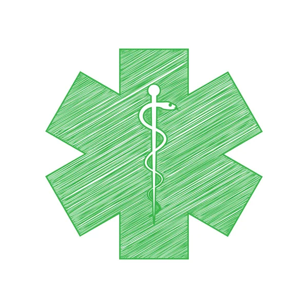 Symbole Médical Urgence Étoile Vie Icône Gribouillage Verte Avec Contour — Image vectorielle