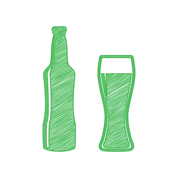 Signo Botella Cerveza Icono Garabato Verde Con Contorno Sólido Sobre — Vector de stock
