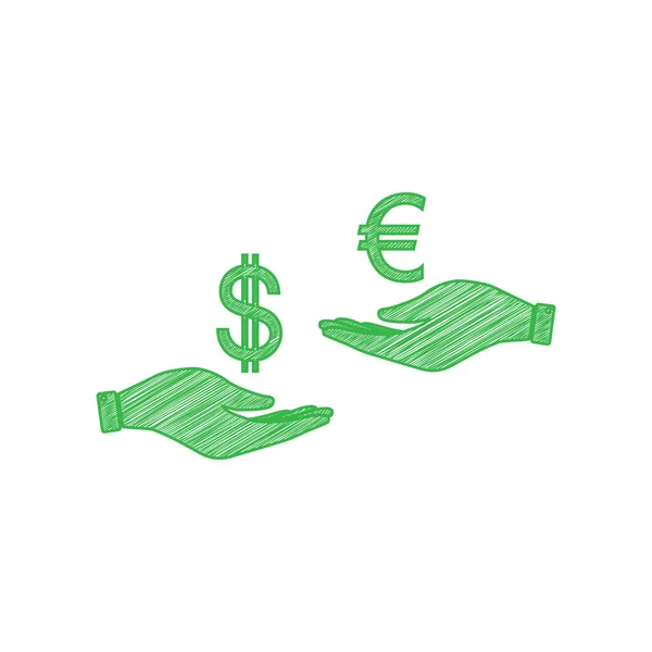 Cambio Moneda Mano Mano Dólar Adn Euro Icono Garabato Verde — Vector de stock
