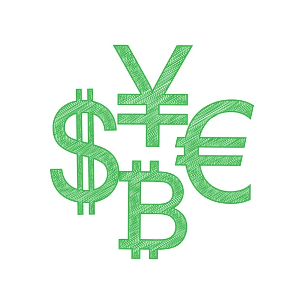 Segno Valuta Dollaro Raccolta Euro Bitcoin Yen Icona Scarabocchiare Verde — Vettoriale Stock