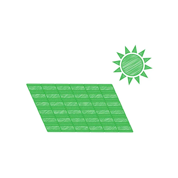 太陽エネルギーパネル エコトレンドのコンセプトサイン 白い背景にしっかりとした輪郭を持つ緑のスクリブルアイコン — ストックベクタ