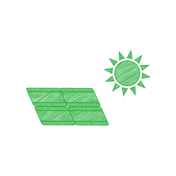 太陽エネルギーパネル エコトレンドのコンセプトサイン 白い背景にしっかりとした輪郭を持つ緑のスクリブルアイコン — ストックベクタ