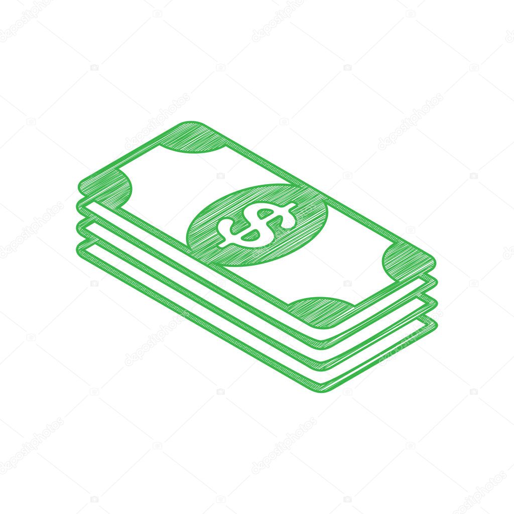 Bank Note dollar sign. Green scribble Icon with solid contour on white background.