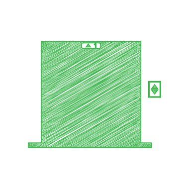 Asansör kapısı tabelası. Beyaz arkaplan üzerine katı konturlu yeşil karalama Simgesi.