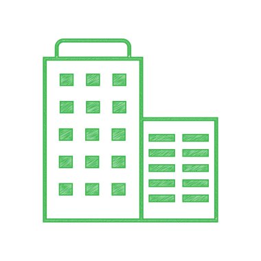 Otel tabelası çizimi. Beyaz arkaplan üzerine katı konturlu yeşil karalama Simgesi.