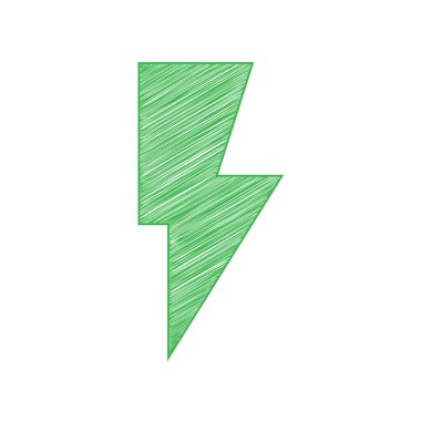 Şimşek işareti illüstrasyonu. Beyaz arkaplan üzerine katı konturlu yeşil karalama Simgesi.