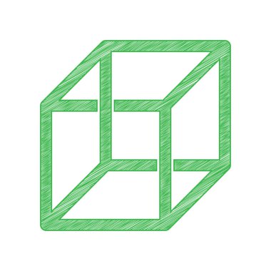 Optik illüzyonla donatılmış küp işareti. Beyaz arkaplan üzerine katı konturlu yeşil karalama Simgesi.