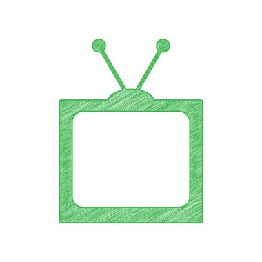 Retro televizyon işareti. Beyaz arkaplan üzerine katı konturlu yeşil karalama Simgesi.