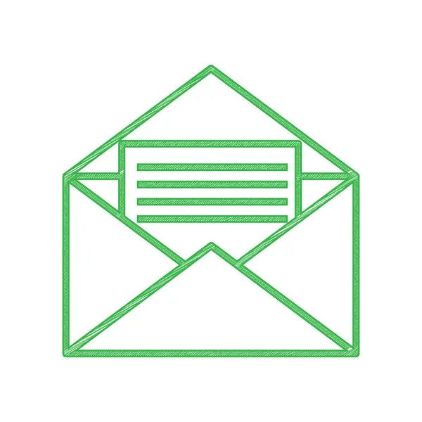 封筒の看板のイラストで手紙 白い背景にしっかりとした輪郭を持つ緑のスクリブルアイコン — ストックベクタ